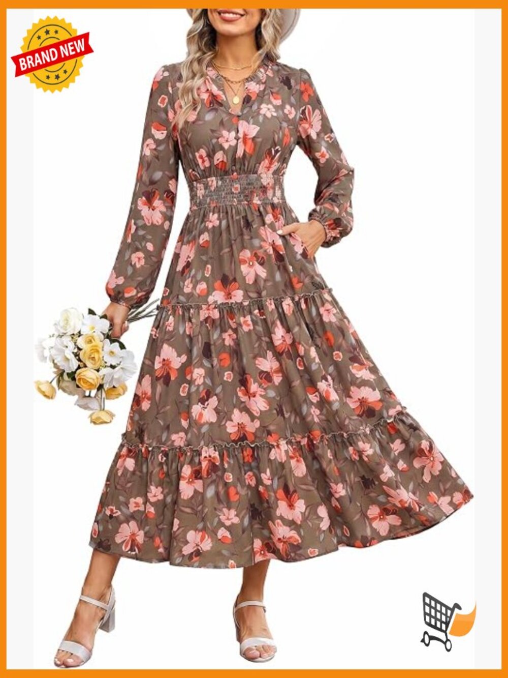 Floral Maxi Dress Long Sleeve V Neck Empire Waist A Line Flow with Pockets